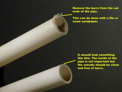 Cut all pieces that you need. After you have cut all your pipe pieces you will need to clean the burrs from the ends of each pipe. The inside is not important but the outside should be clean and free of burrs. Set them on end and check that all the pieces are the same length. If needed sand or file them to the correct length.